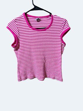 Old Navy Y2K Hot Pink Striped Ribbed Tee Top Juniors 16 Early 2000s Vintage